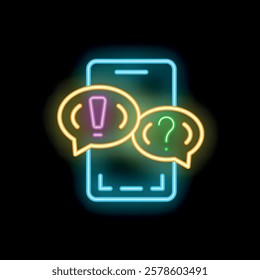 Neon sign representing a smartphone showing two chat bubbles, one with an exclamation mark and one with a question mark