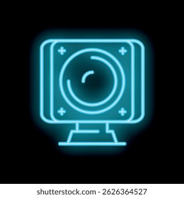 Neon sign representing a subwoofer speaker glowing blue on black background, ideal for music and audio concepts