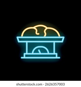 Sinal de néon representando um forno de tijolo tradicional, com fogo dentro e um pão assando, com controle de temperatura