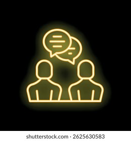 Sinal de néon representando duas pessoas se comunicando com balões de fala, simbolizando comunicação, diálogo e discussão