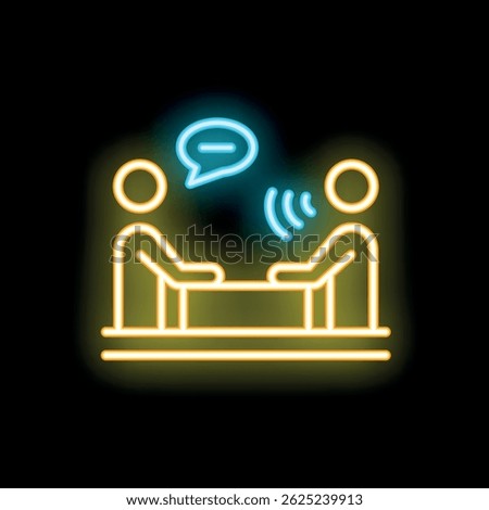 Neon sign representing two people sitting at a desk and talking, with a speech bubble, symbolizing communication and dialogue