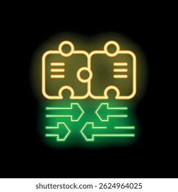 Neon sign representing two puzzle pieces connecting over a series of arrows going in different directions, conceptual image for problem solving