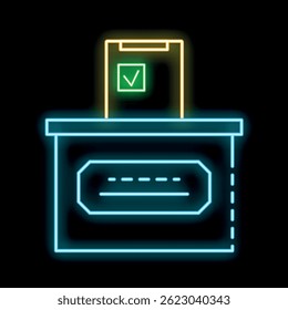 Neon sign representing voting in elections with ballot box and check mark symbol on black background