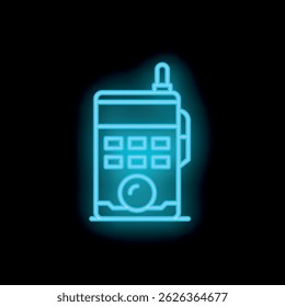 Sinal de néon representando um walkie talkie, com sua antena e botões, brilhando em luz azul contra um fundo escuro