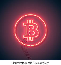 Neon sign. Retro neon sign Bitcoin on purple background. Ready for your design, icon, banner. Vector illustration.