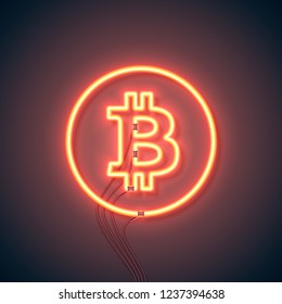Neon sign. Retro neon sign Bitcoin on purple background. Ready for your design, icon, banner. Vector illustration.