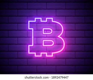 Neon sign. Retro neon sign Bitcoin on purple background. Ready for your design, icon, banner. Vector illustration