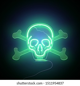Neon sign. Retro green neon Skull signboard on dark background. Design element for halloween. Ready for your design. Vector illustration.