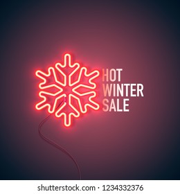  Neon Sign. Retro Neon Hot Winter Sale Sign On Purple Background. Design Element For Your Discount Proposition. Ready For Your Design, Banner. Vector Illustration.