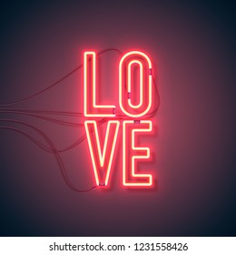 Neon sign. Retro neon Love sign on purple background. Design element for Happy Valentine's Day. Ready for your design, greeting card, banner. Vector illustration.