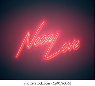 Neon sign. Retro neon sign on purple background with word Neon Love. Design element for Happy Valentine's Day. Ready for your design, greeting card, banner. Vector illustration.