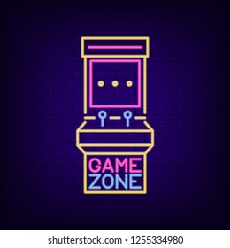 Neon sign of retro slot machine. Game Zone signboard with night light arcade game machine. Gaming advertising neon banner. Vector illustration.