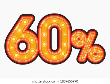 Neon sign in retro style. Discount 60%. Neon number with percentage. 