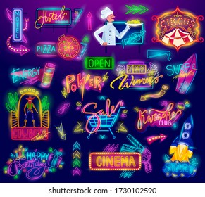 Neon sign, retro vintage advertising billboard, bright signboard, light banner, frames vector illustration set. Showtime signs design element, light bulbs, icons and neon lamp. American advertisement.