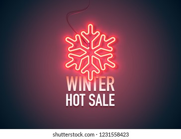 Neon Sign. Retro Neon Winter Hot Sale Sign On Purple Background. Design Element For Your Discount Proposition. Ready For Your Design, Banner. Vector Illustration.