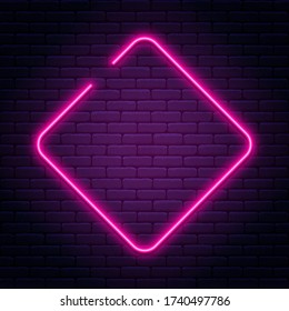 Neon sign in rhombus shape. Bright neon light, illuminated rhombus frame. Glowing purple neon tube on dark background. Signboard or banner template in 80s and 90s style. Vector