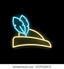 Neon sign of a robin hood hat with feathers is glowing brightly against a black background