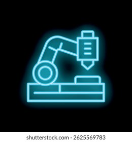Neon sign of a robotic arm working on a production line in a factory