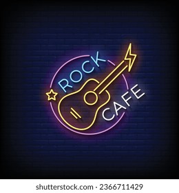 Neon Sign rock cafe with brick wall background vector