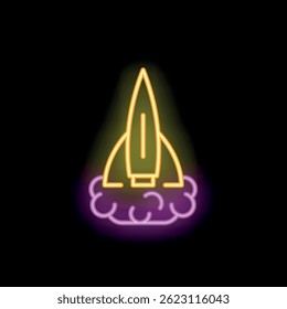 Neon sign of a rocket launching from clouds on a black background, perfect for technology and startup concepts