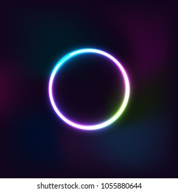 Neon sign. Round frame with glowing and light. Electric bright 3d circuit banner design on dark blue backdrop. Neon abstract circle background with flares and sparkles. Vintage vector illustration