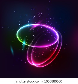 Neon sign. Round frame with glowing and light. Electric bright 3d circuit banner design on dark blue backdrop. Neon abstract circle background with flares and sparkles. Modern vector illustration
