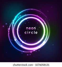 Neon sign. Round frame with glowing and light. Electric bright 3d circuit banner design on dark blue backdrop. Neon abstract circle background with flares and sparkles. Modern vector illustration