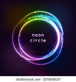 Neon sign. Round frame with glowing and light. Electric bright 3d circuit banner design on dark blue backdrop. Neon abstract circle background with flares and sparkles. Modern vector illustration