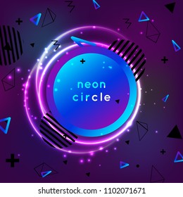 Neon sign. Round frame with glowing and light. Electric bright 3d circuit banner design on dark blue backdrop. Neon abstract circle background with flares and sparkles, memphis style. vector.