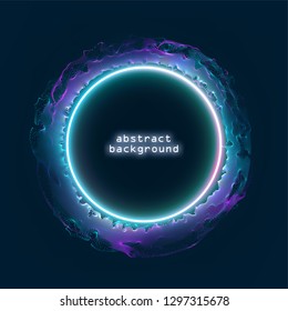 Neon sign. Round frame with glowing and light. Electric bright 3d circuit banner design on dark blue backdrop. Neon abstract circle background. Vector illustration. Eps10