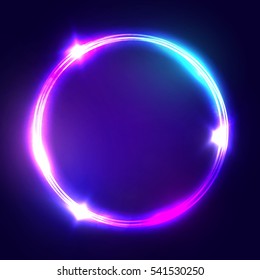 Neon sign. Round frame with glowing and light. Electric bright 3d circuit banner design on dark blue backdrop. Neon abstract circle background with flares and sparkles. Vintage vector illustration.