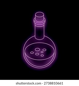 Neon sign of round potion bottle with cork glowing purple on black background