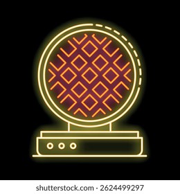 Neon sign of a round waffle iron glowing yellow and orange on a black background