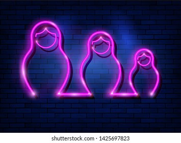 Neon sign Russian nesting dolls matrioska, set lighted sign icon symbol of Russia. Pink set neon Matryoshka fashion style, vector isolated on dark blue brick wall background