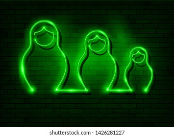 Neon sign Russian nesting dolls matrioska, set lighted sign icon symbol of Russia. Green set neon Matryoshka fashion style, Russian bar sign vector isolated on dark green brick wall background