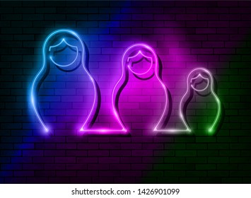 Neon sign Russian nesting dolls Matrioska, set lighted sign icon symbol of Russia. Colorful set led light Matryoshka fashion style, vector isolated on dark colorful brick wall background