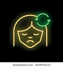Neon sign of a sad woman with closed eyes and a circular arrow representing intrusive thoughts