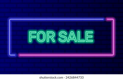 Neon sign for sale in speech bubble frame on brick wall background vector. Light banner on the wall background. For sale button discount and advertising, design template, night neon signboard