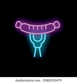 Neon sign of a sausage skewered on a fork, glowing on a black background