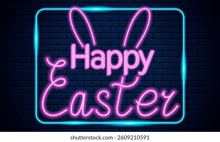 Neon Sign Saying "Happy Easter" with Bunny Ears on Dark Brick Wall Background, festive holiday decoration