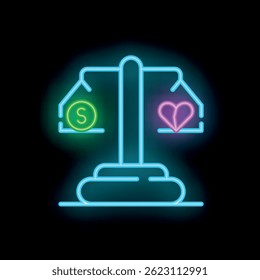 Neon sign of a scale comparing love and money, showing the difficult life balance between wealth and romance