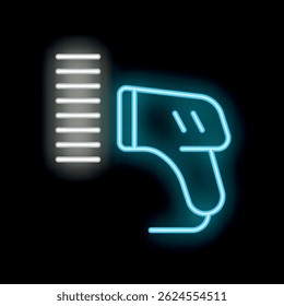 Neon sign of a scanner scanning a barcode with blue light glowing in the dark