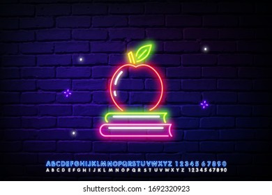 Neon sign for school subjects. The red Apple is on the books. Let's go back to the concept of the school. Vector illustration in neon style, a light element for topics such as education, knowledge.