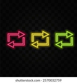 Neon sign. Set of arrows in neon style. Colored pointers. Laser glowing lines on a dark background..