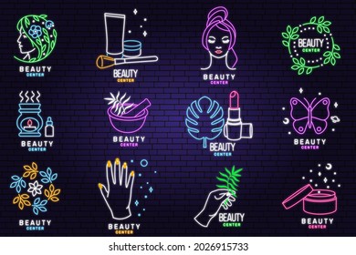 Neon sign. Set of Beauty center emblem with woman face, ceramic candle aroma oil lamp, mortar and pestle, lipstick. Beauty center label, badge, sign for cosmetics, jewellery, beauty. Vector