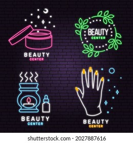 Neon sign. Set of Beauty center emblem with woman face, ceramic candle aroma oil lamp, mortar and pestle, lipstick. Beauty center label, badge, sign for cosmetics, jewellery, beauty. Vector