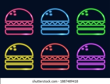 Neon sign. Set of burgers in neon style. Laser glowing lines on a dark background.