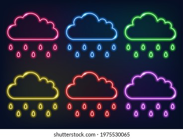 Neon sign. Set of neon clouds with rain drops of different colors. Neon lines on a dark background.