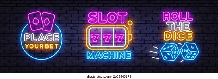 Conjunto de sinais de néon com colocar sua aposta, slot machine, e rolar os dados. Elementos brilhantes coloridos com cartas, dados e sorte 777 no fundo de tijolo preto.