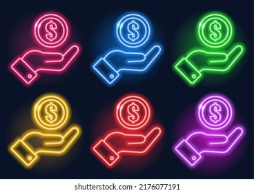 Neon sign. Set of neon hands with a coin. Glowing lines on a dark background.